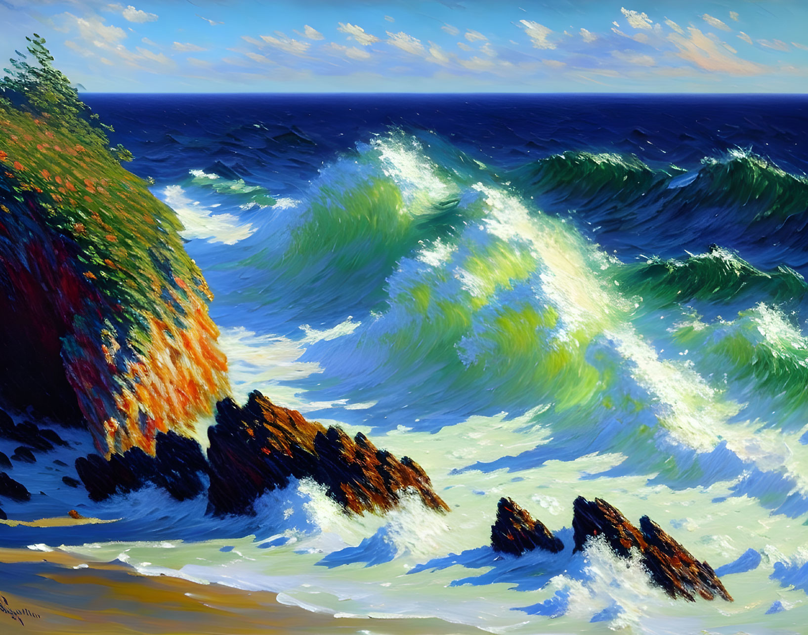 Scenic painting of crashing waves on rocky shore with green ocean, sandy beach, colorful cliff, and