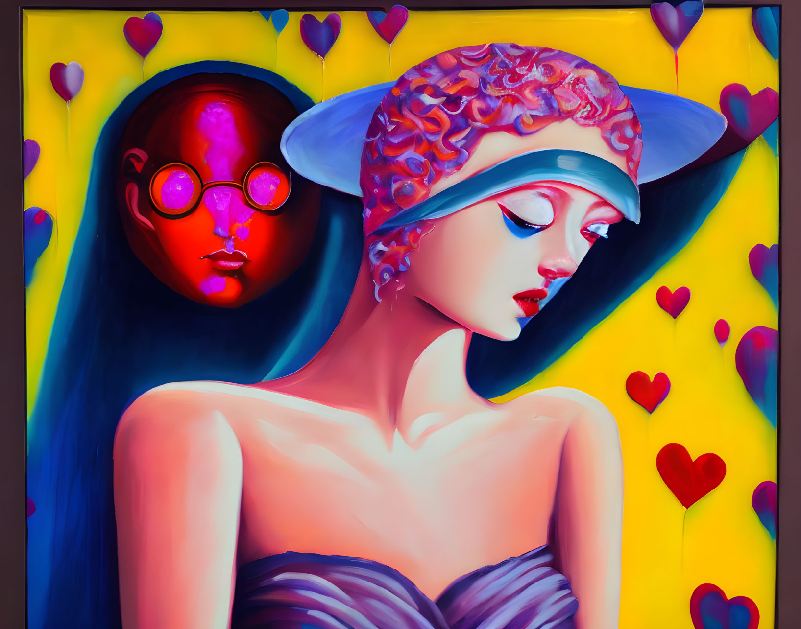 Vibrant portrait of woman with red hair and hat in profile with stylized face and hearts.