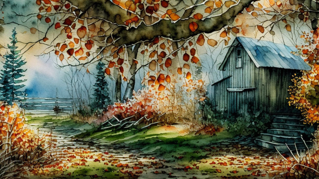 Rustic cabin in autumn forest with lake view - Watercolor painting