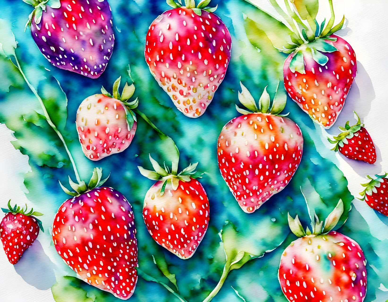 Colorful Watercolor Painting of Ripe Strawberries on Fluctuating Blue and Green Background