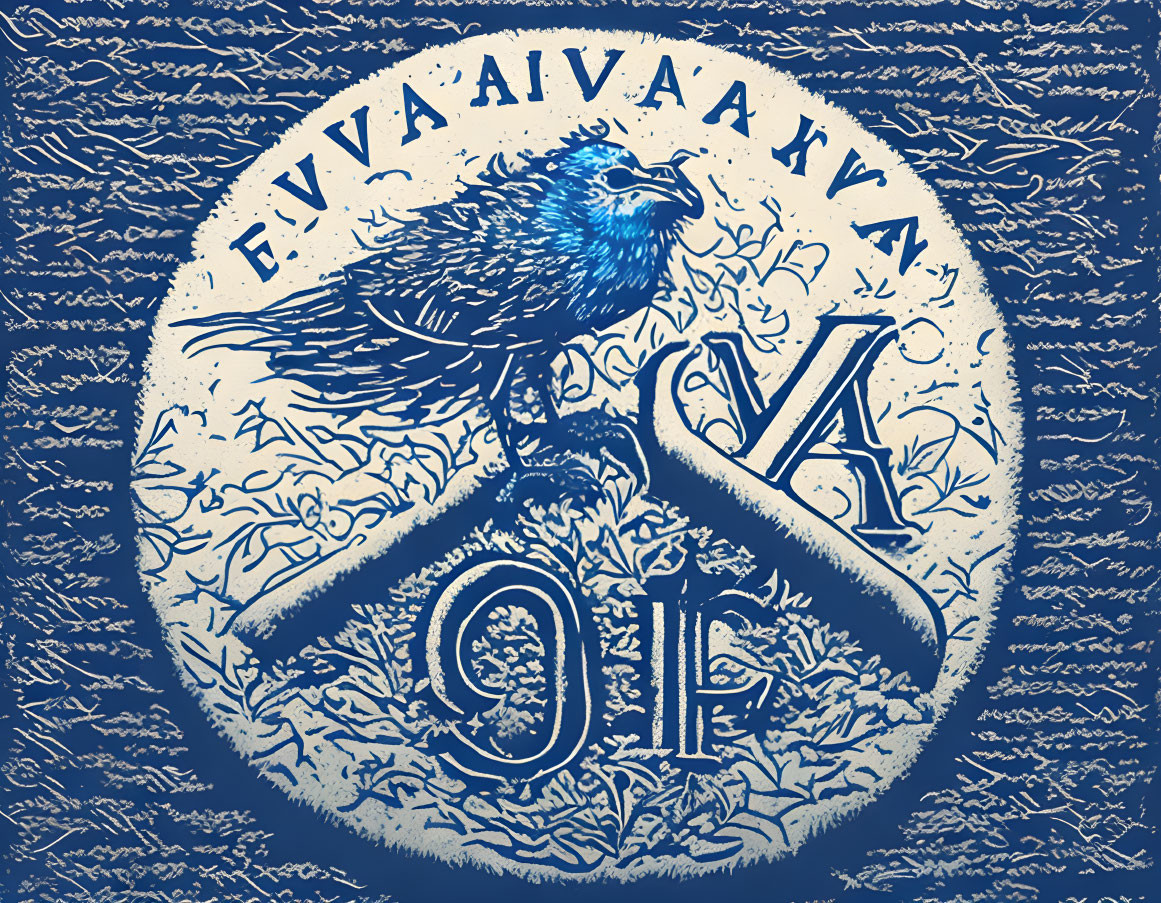 Blue and White Bird Emblem with Floral Elements and Text in Woodcut Style