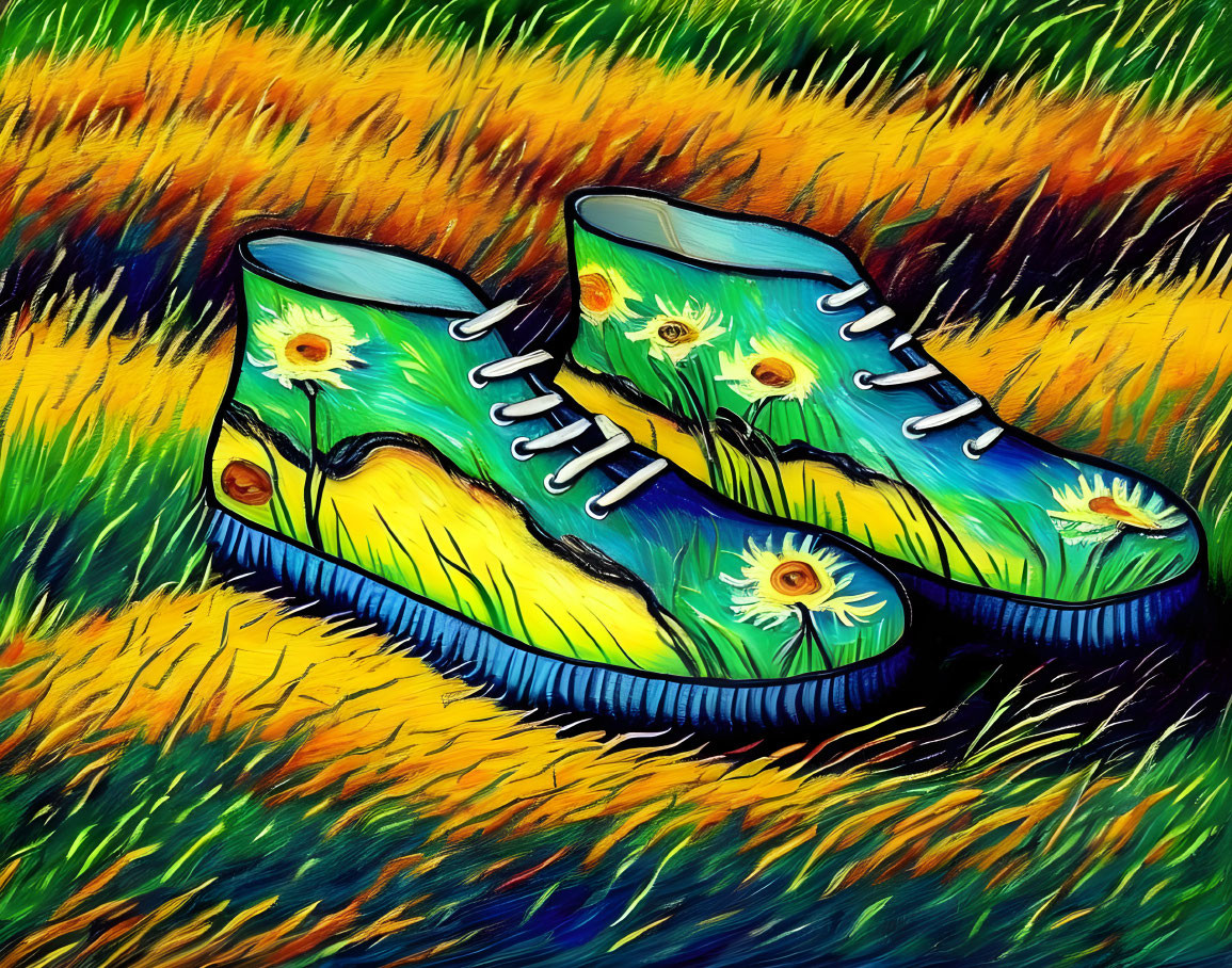 Vibrant high-top sneakers with "Starry Night" design on brushstroke background