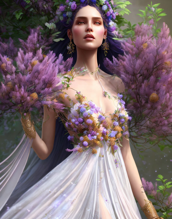 Digital Artwork: Woman in Floral Dress with Purple Foliage