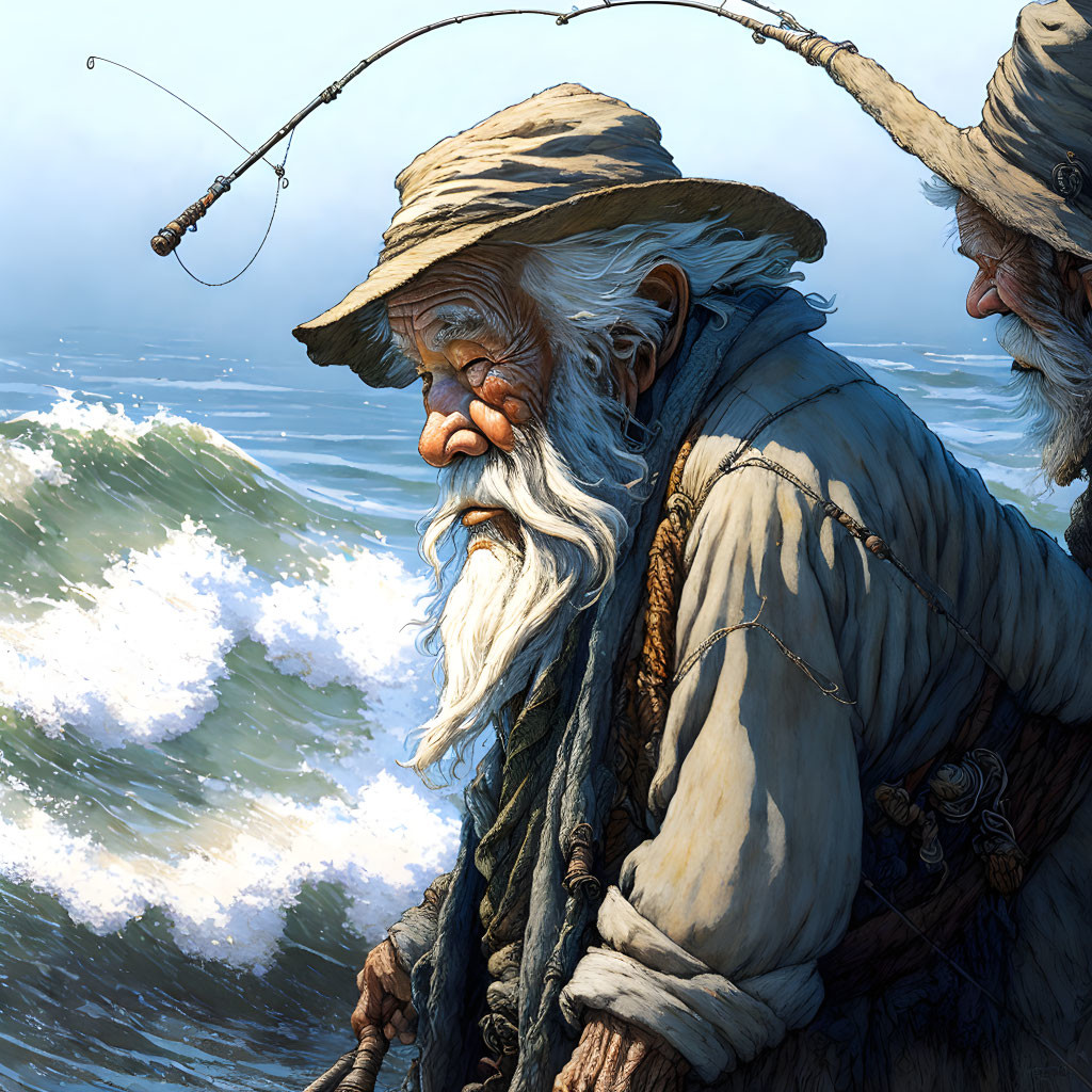 Elderly fisherman with long white beard fishing by the sea