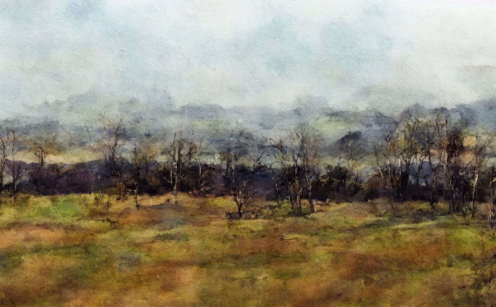 Misty watercolor landscape of tree-dotted meadow