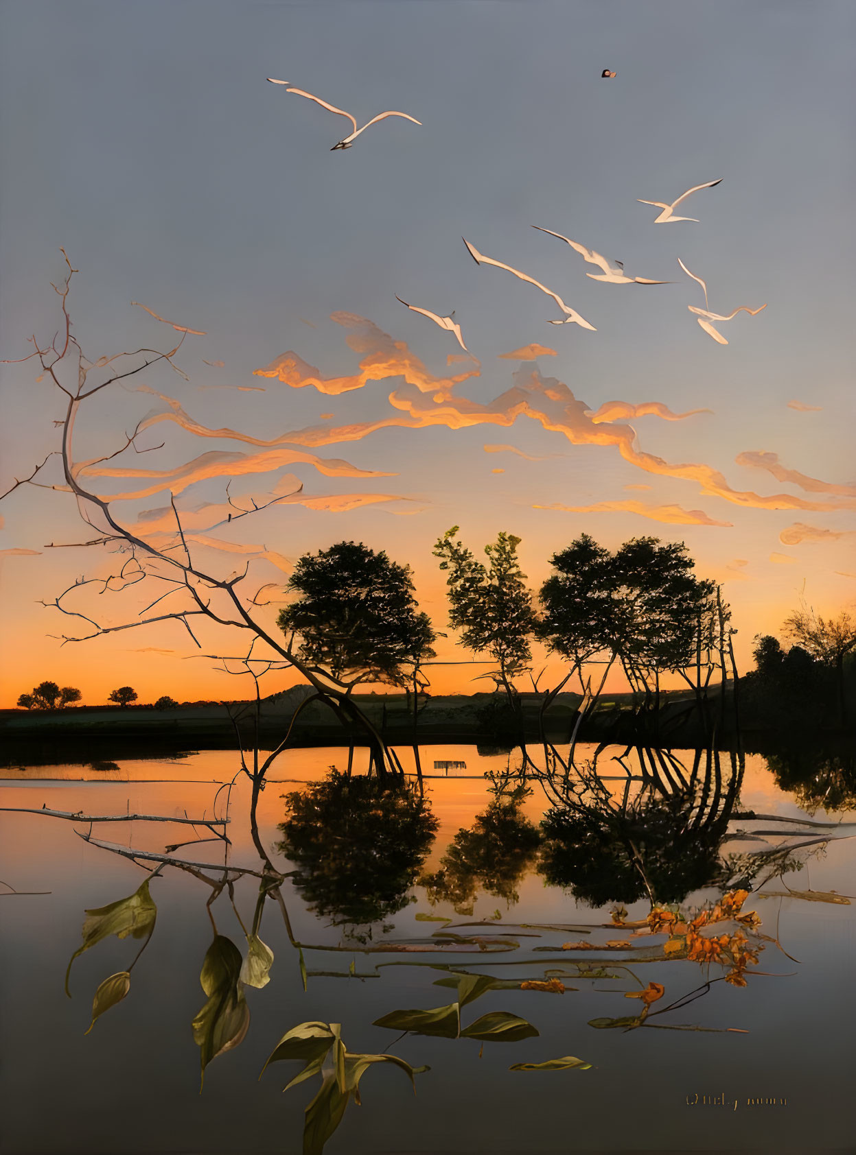 Tranquil sunset with orange clouds, reflected water, bare trees, and flying birds