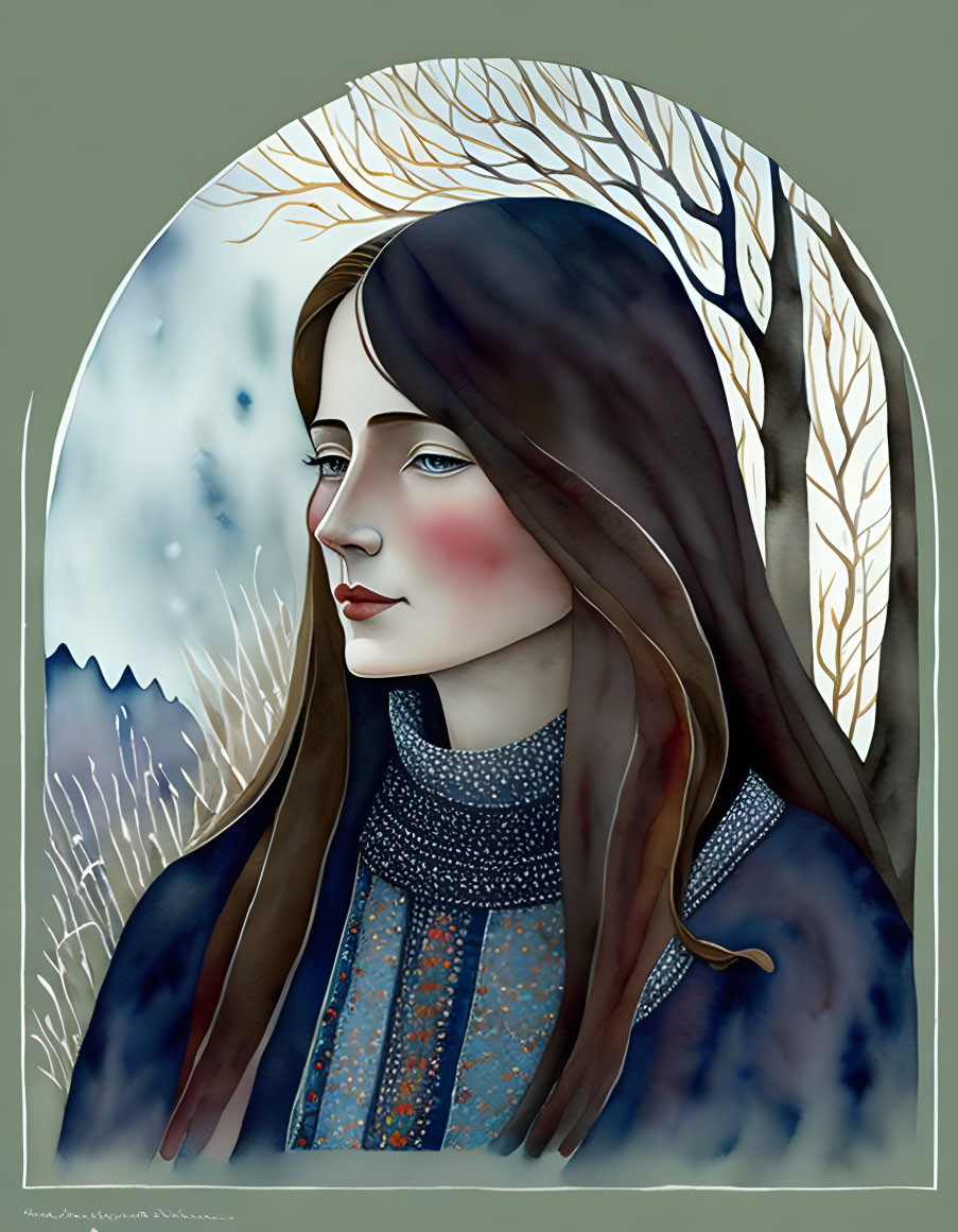 Stylized illustration of woman with long brown hair in patterned garment framed by leafy arch on