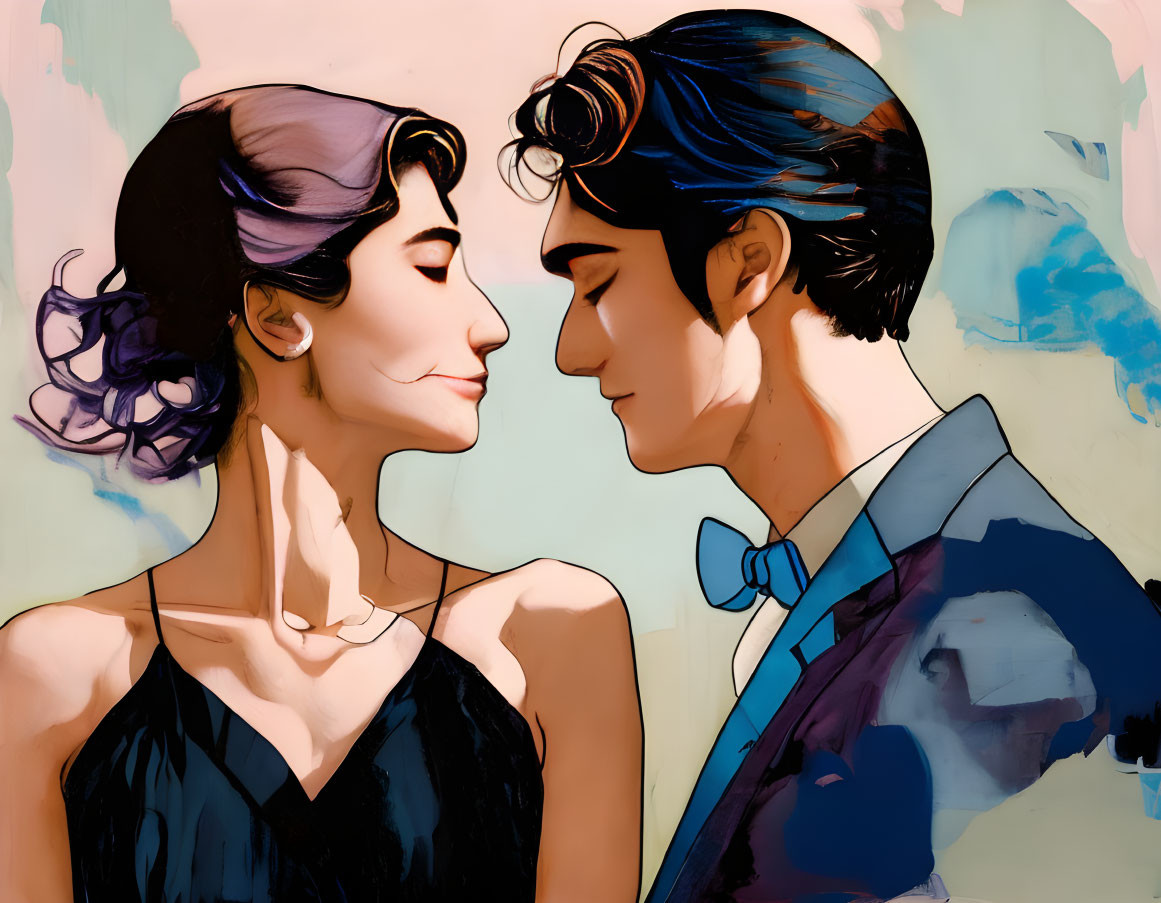 Illustrated Couple in Formal Attire Embracing Closely