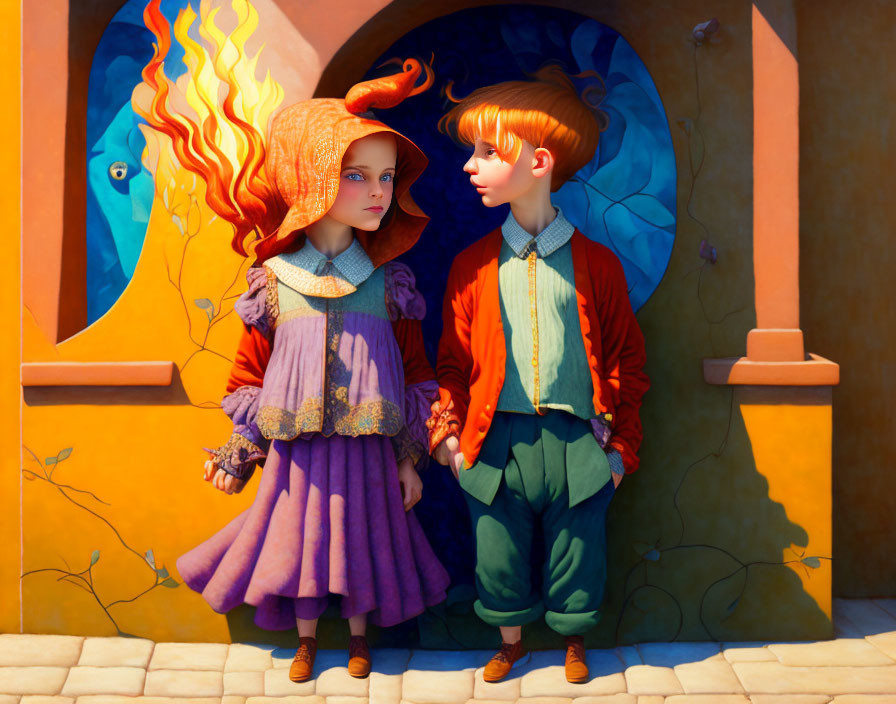 Vibrant orange-haired child meets child against colorful backdrop