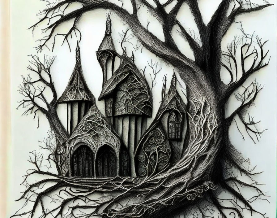 Monochromatic gothic-style house nestled in intricate tree branches