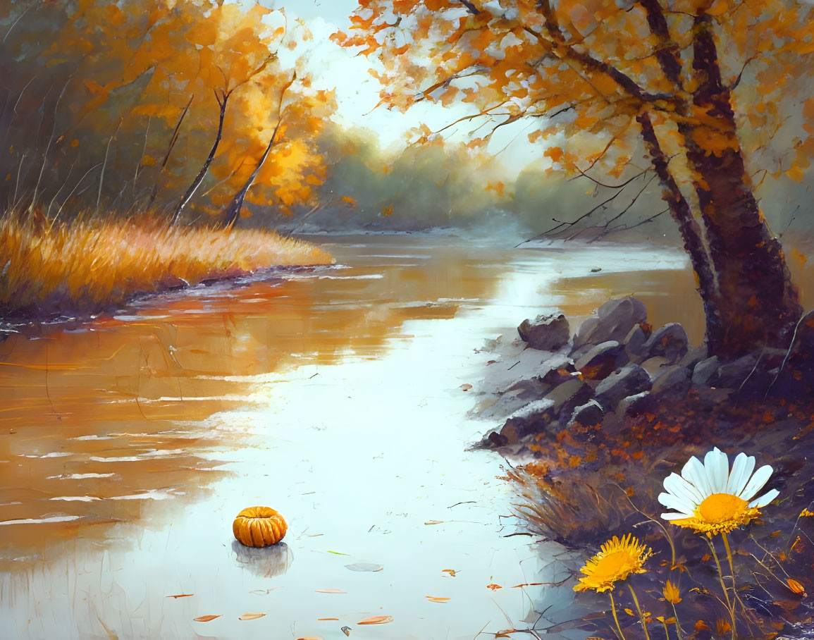 Tranquil autumn landscape with golden trees, river, fallen leaves, pumpkins, and dais