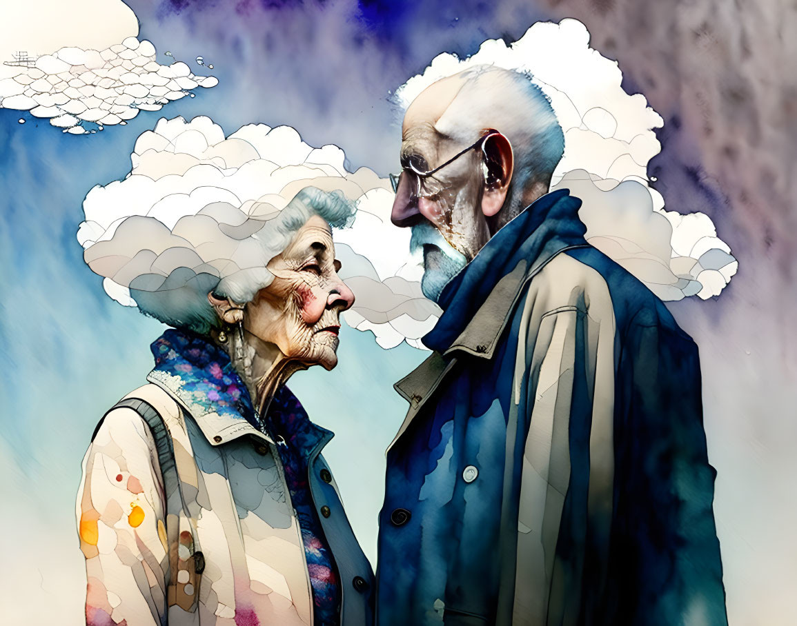 Elderly couple portrait with stylized cloud background