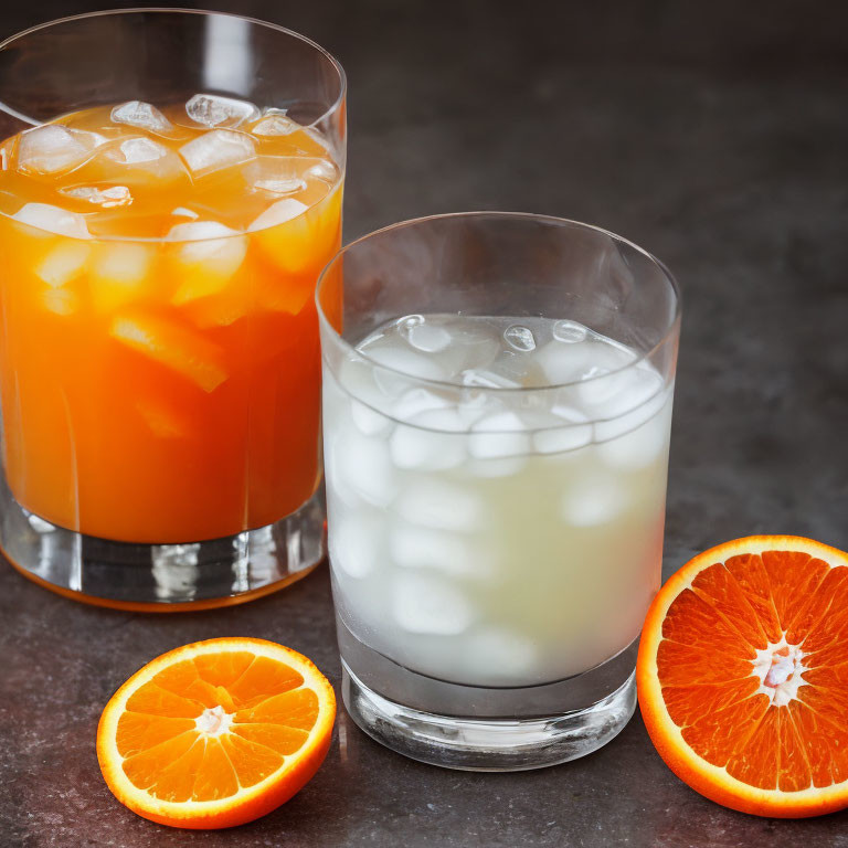 Refreshing orange juice and clear juice with ice, accompanied by sliced oranges on a dark surface