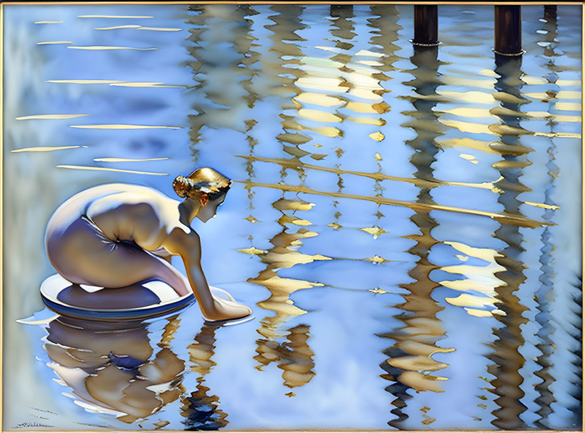 Surreal painting: Woman on reflective surface with water and wooden posts