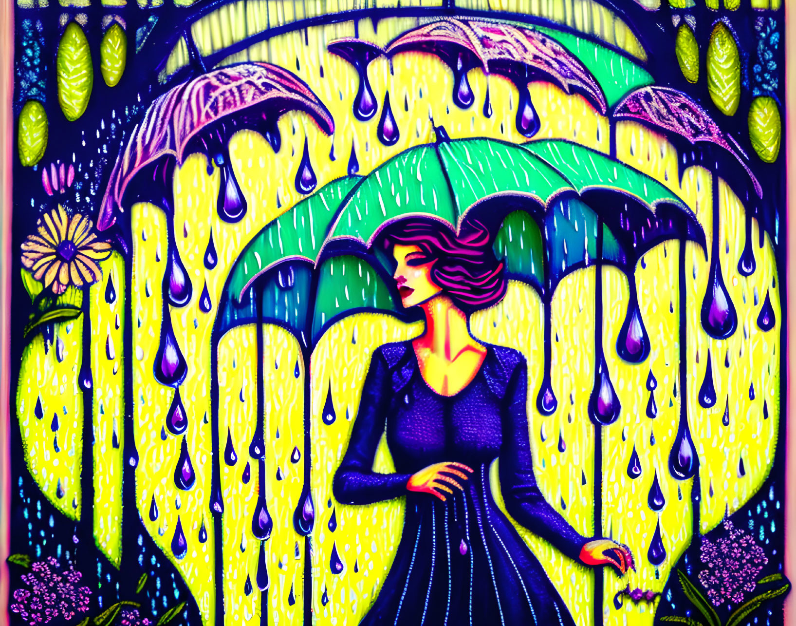 Stylized artwork of woman in blue dress with rain and umbrellas in vibrant colors