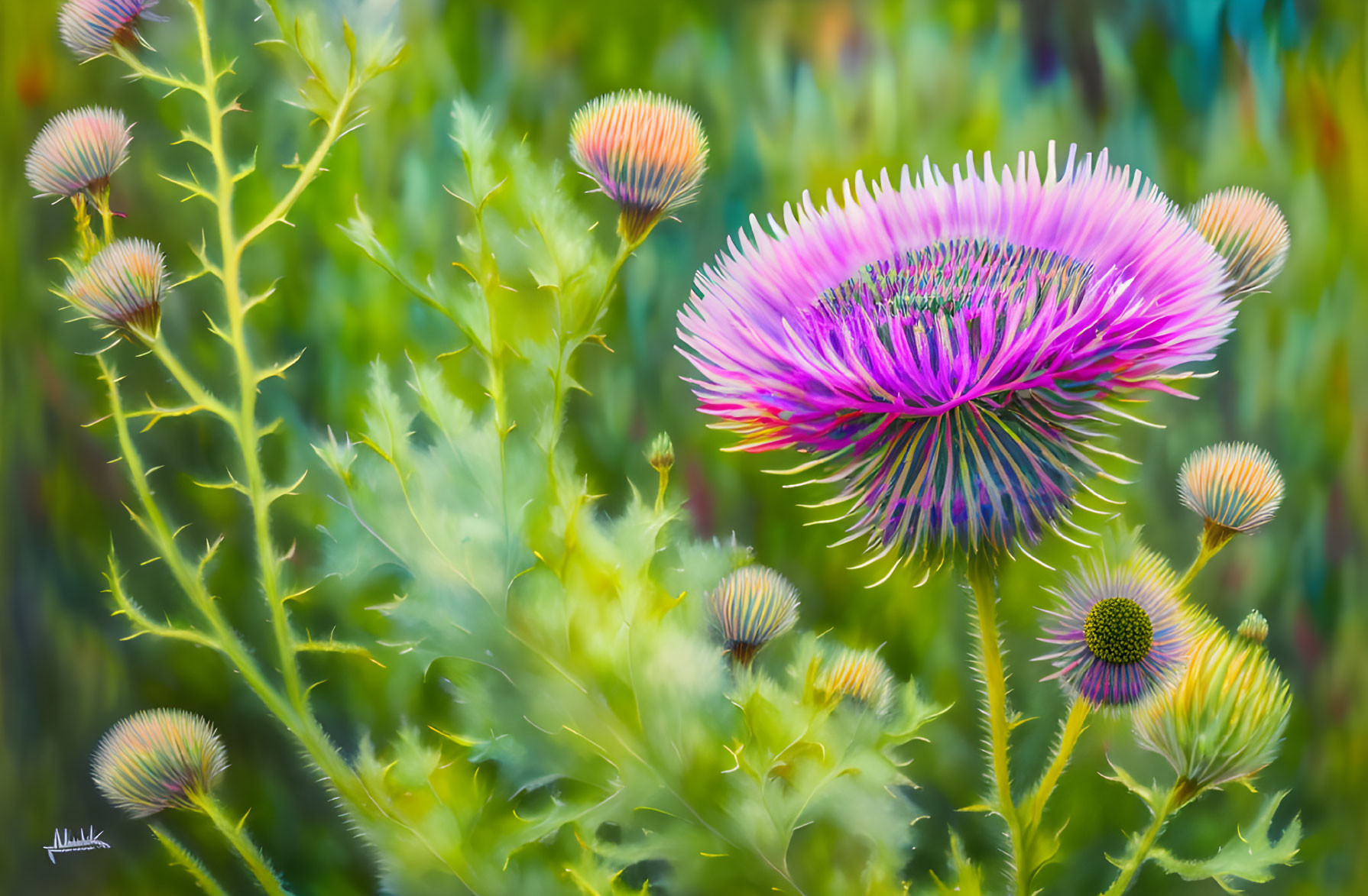 Blooming purple thistle flower with green buds on soft background