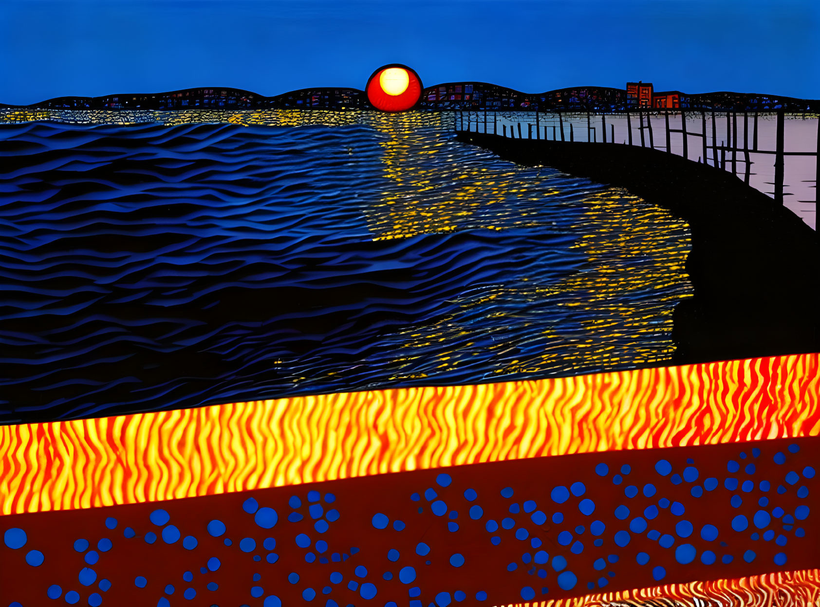 Stylized graphic sunset with red sun, blue waves, black shore, yellow highlights, red &