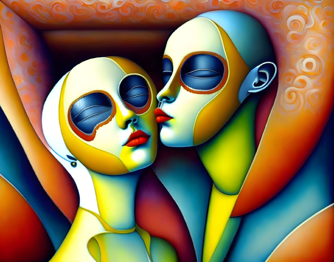 Colorful abstract faces with prominent lips in close embrace