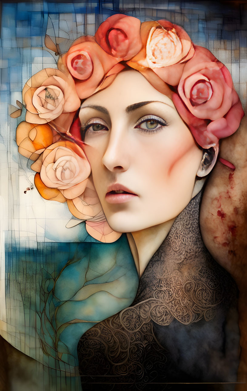 Stylized portrait of woman with floral headpiece and stained-glass effect