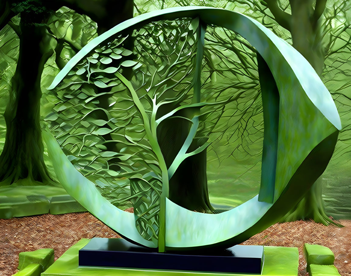 Stylized tree sculpture in circular frame with green tree backdrop