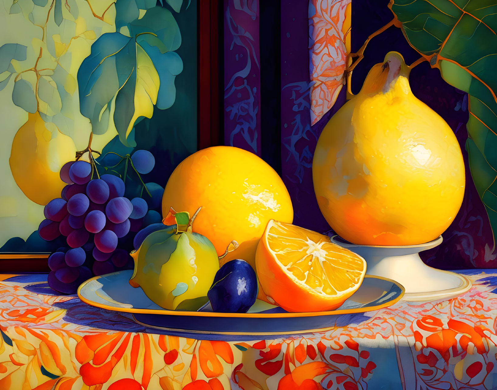 Colorful Still Life Painting of Fruits on Patterned Tablecloth