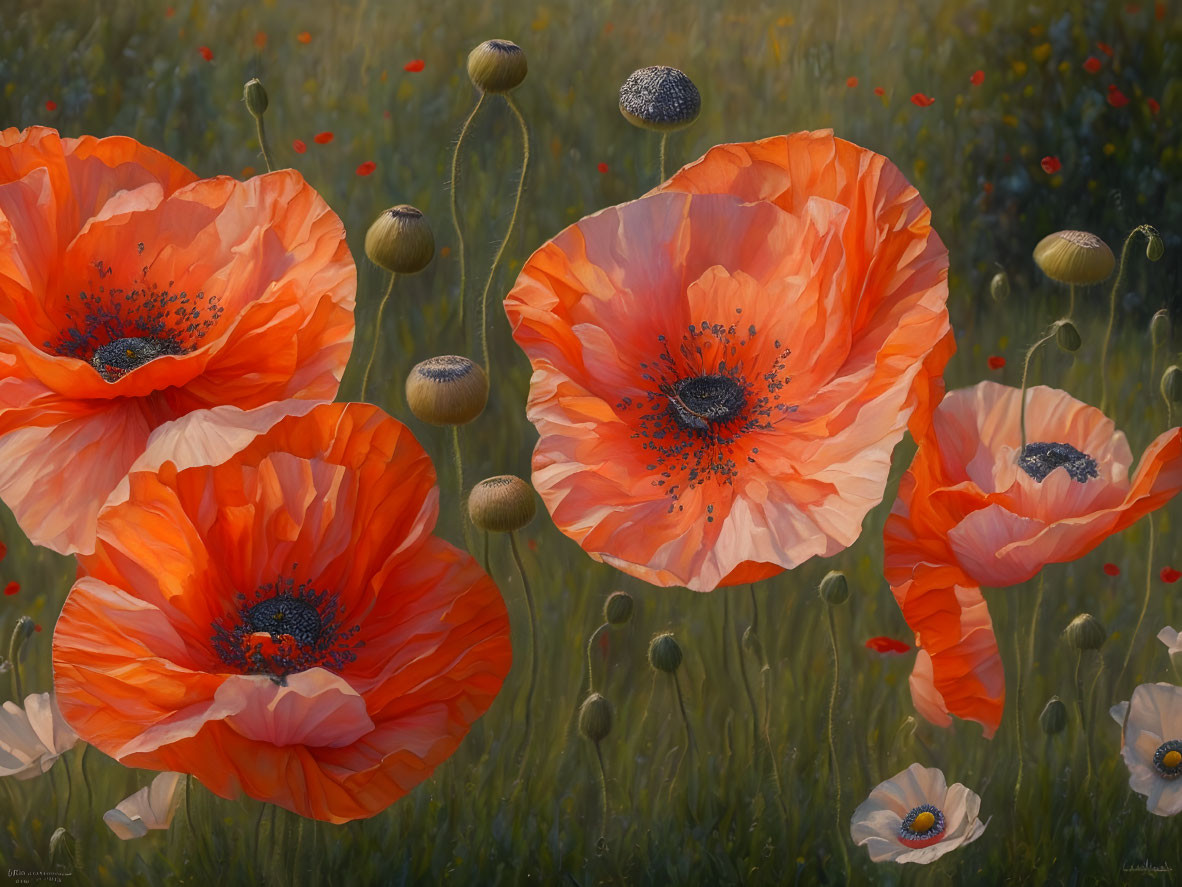 Vibrant painting of red poppies in greenery against blurred background