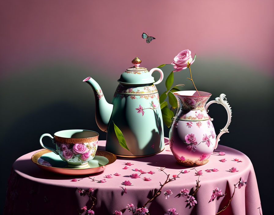 Floral Pattern Tea Set on Pink Tablecloth with Cherry Blossoms