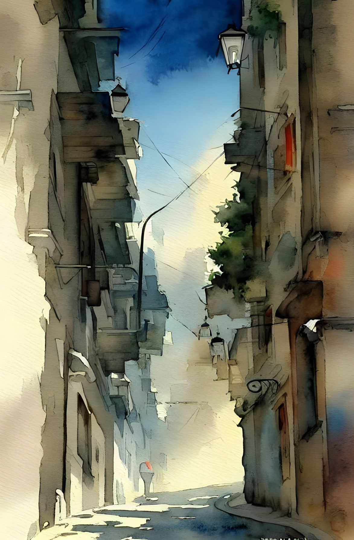 Sunlit narrow street watercolor painting with tall buildings and pedestrian.