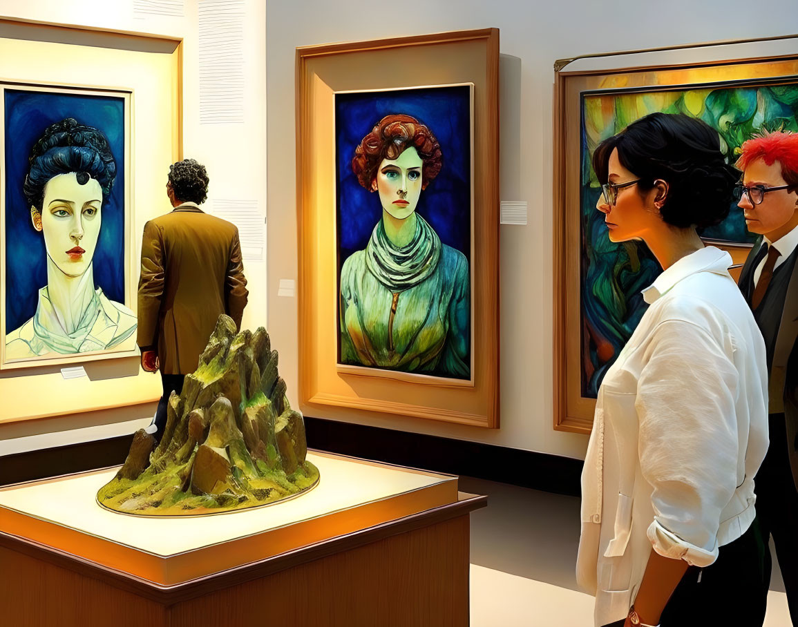 Colorful portraits and central mountain sculpture in art gallery.