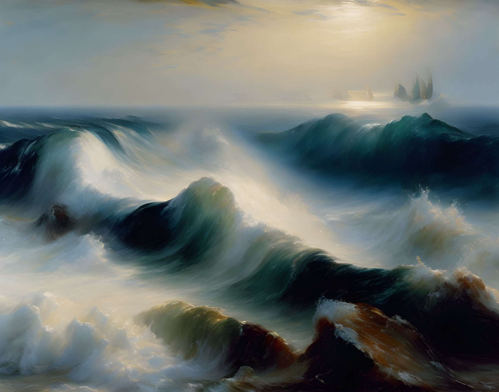 Stormy Sea Waves Oil Painting with Ship on Horizon