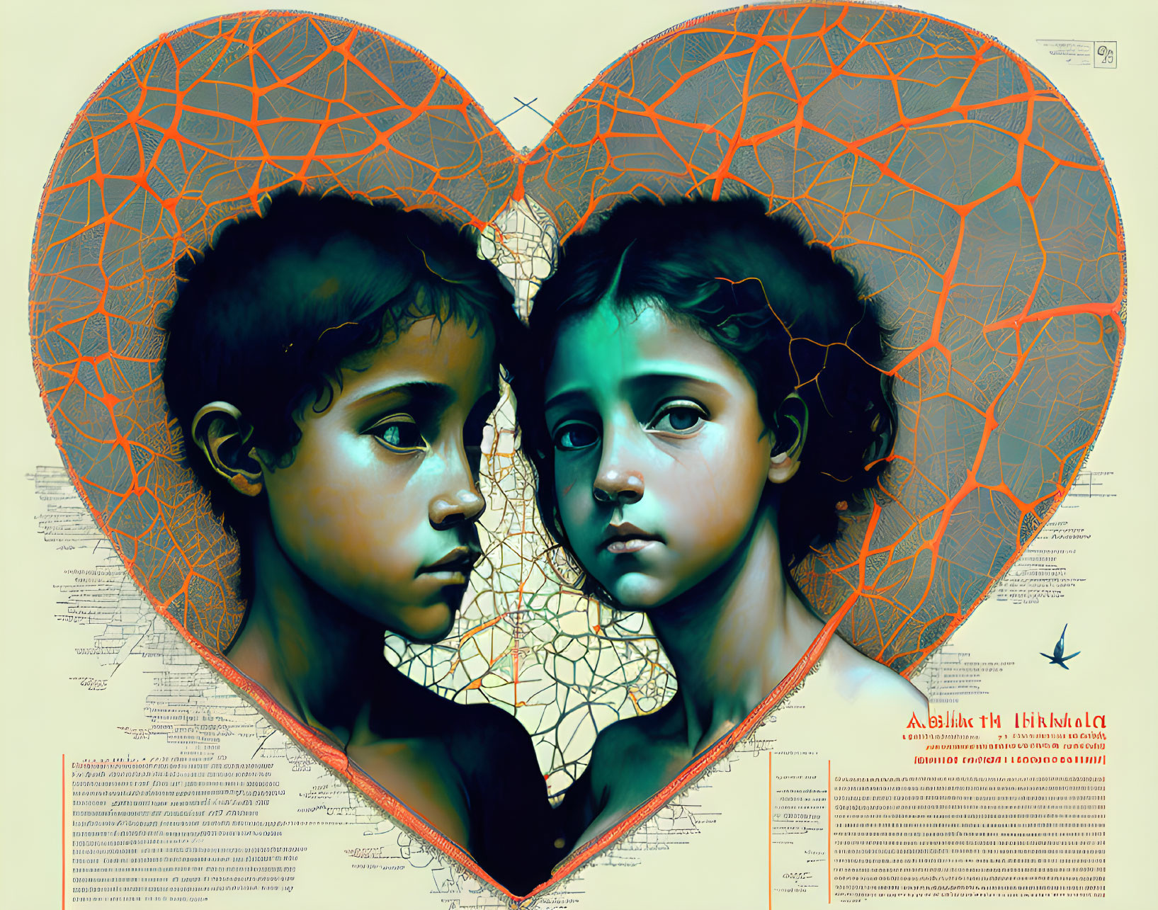 Vintage style digital artwork: Two children in heart border with text and geometric patterns