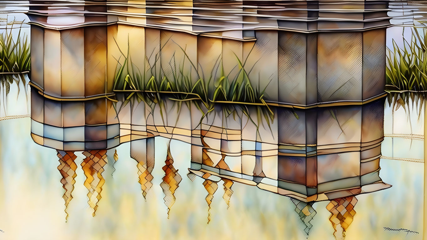 Distorted building reflection in water with grassy tufts - Abstract Artwork