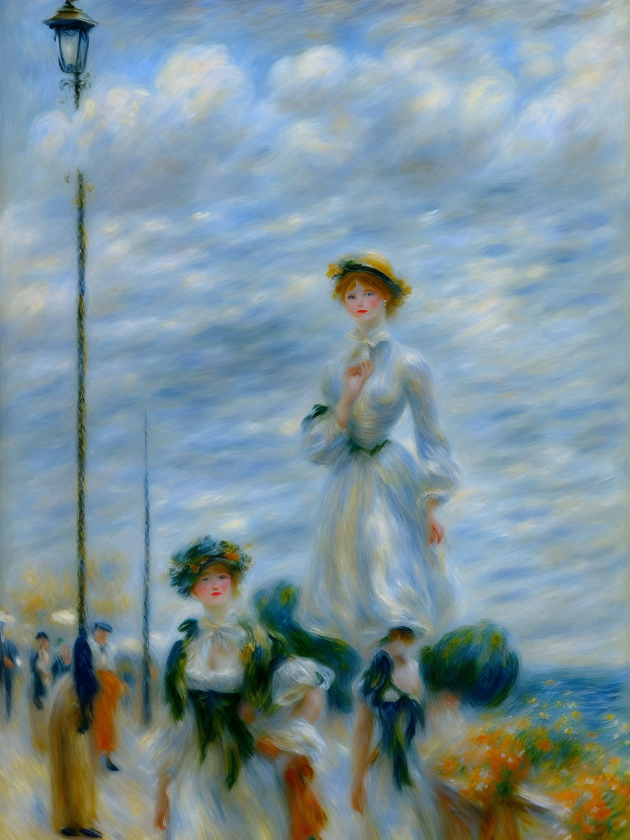 Impressionistic painting of two women in white dresses on a bustling street