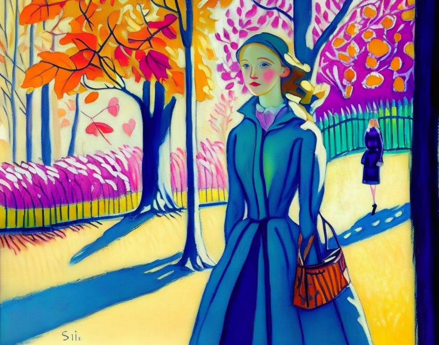 Stylized painting of woman in blue coat walking by autumn trees