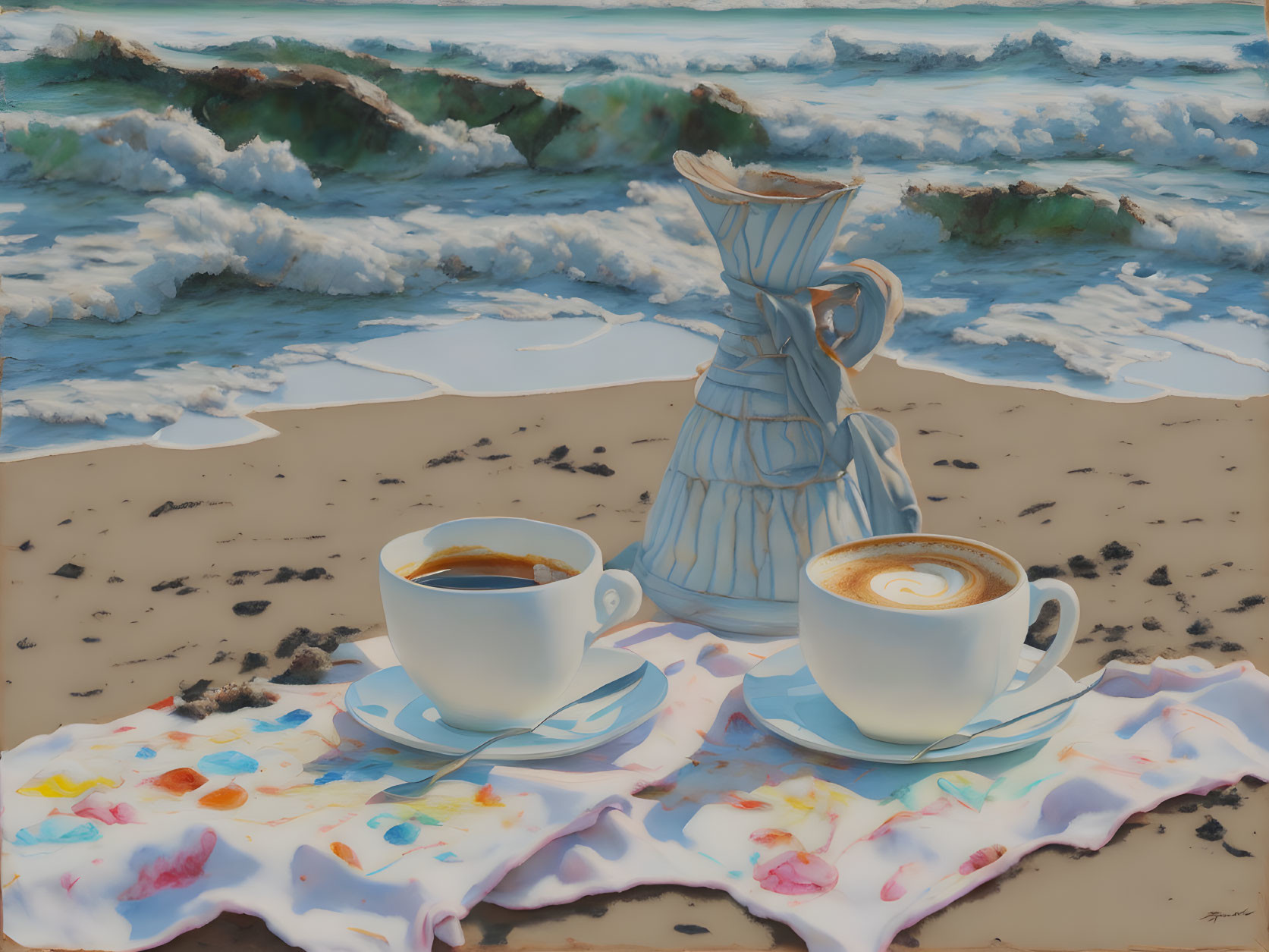 Beach scene with two coffee cups and pitcher on colorful cloth