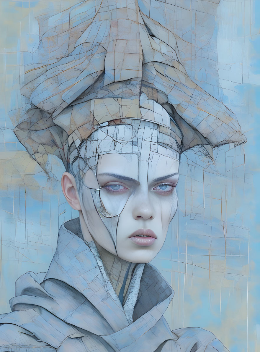 Portrait of a person with intricate headpiece and geometric facial markings on blue background