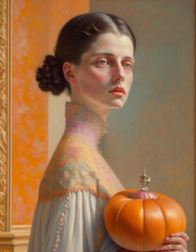 Classic Portrait of Woman Holding Pumpkin with Warm Background