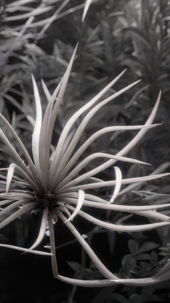 Monochrome image of plant with long, slender leaves and blurred background