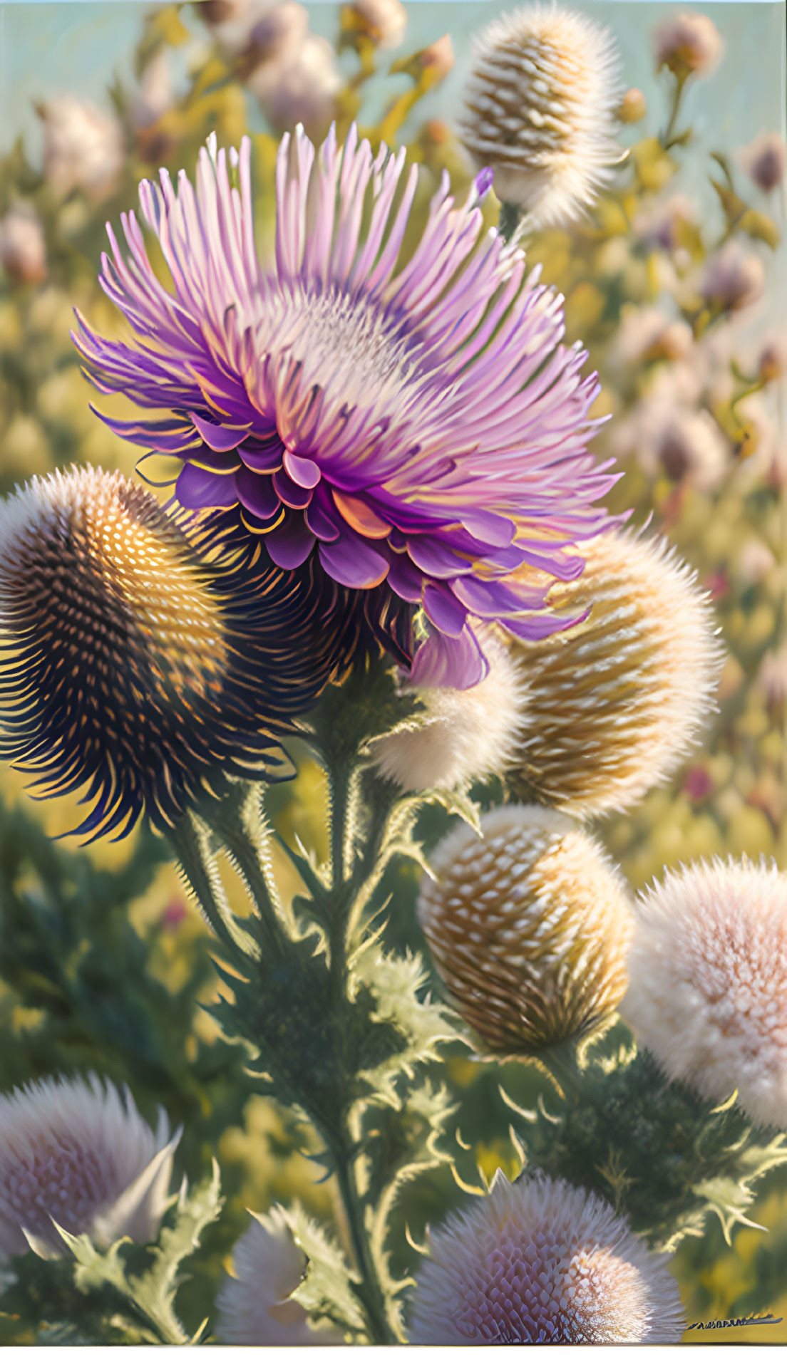 Vibrant purple thistle flower in full bloom with buds and green foliage on soft-focus background