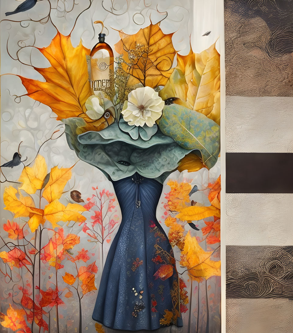 Autumn-themed artistic image: Woman personification with dress vase, bouquet, birds, textured patterns