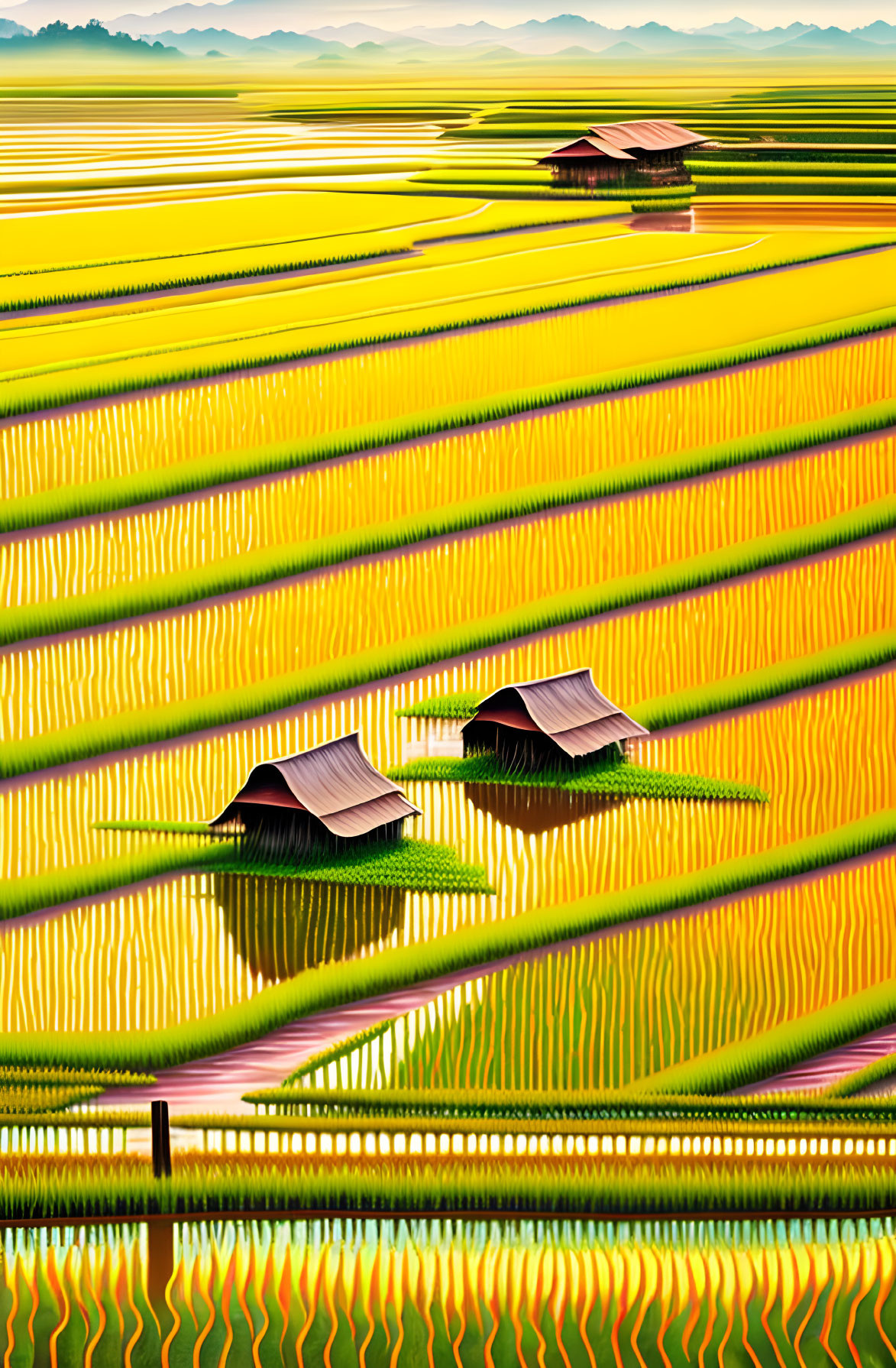 Scenic rice terraces with green and yellow patterns under sunlight and small huts.