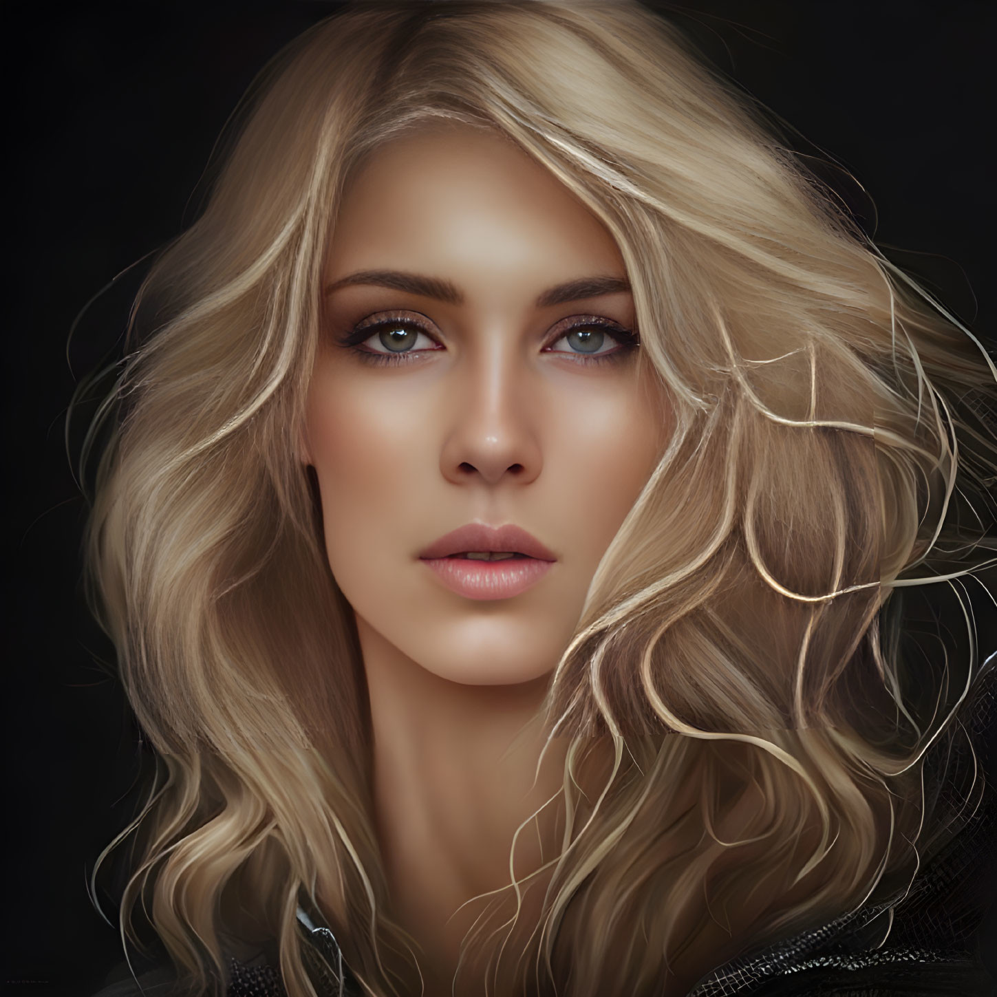 Blonde woman digital portrait with blue eyes on dark background