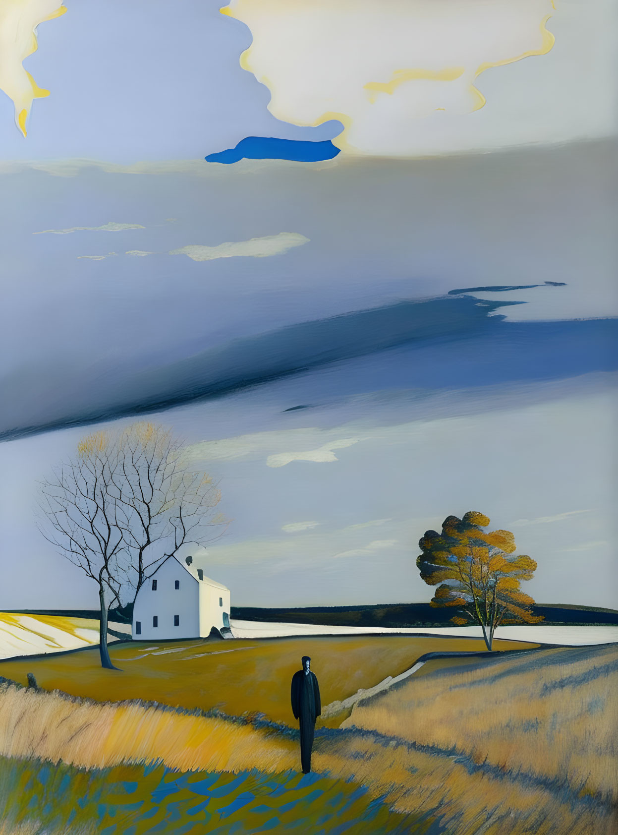 Solitary Figure Walking to White Farmhouse in Golden Fields