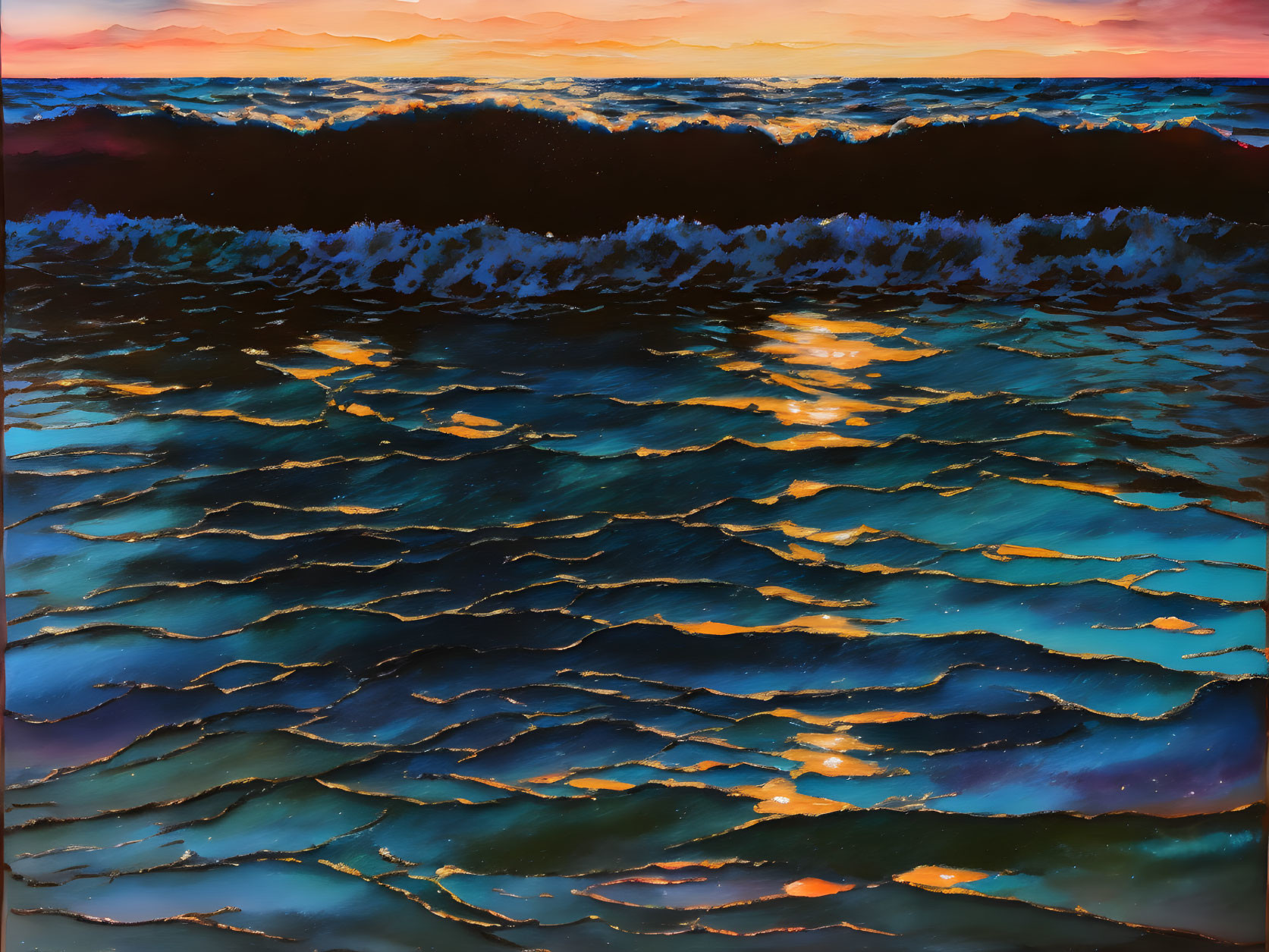 Ocean Sunset: Blue to Orange Gradient Sky, Reflective Water & Gentle Waves