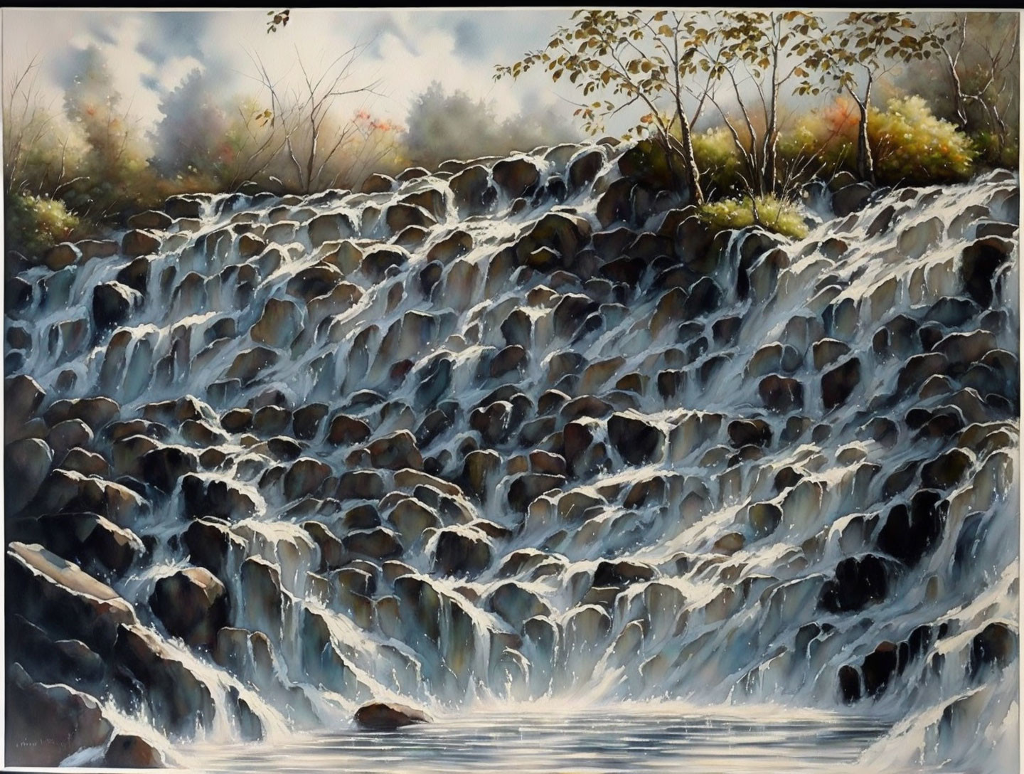 Scenic waterfall painting with rocky cliff and lush vegetation