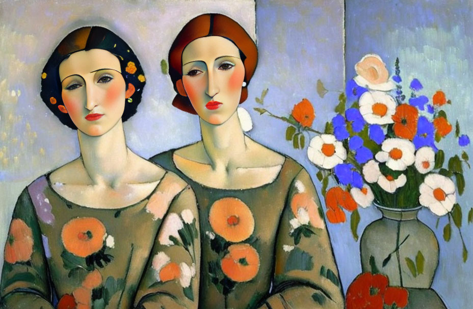 Stylized female figures in floral dresses with flowers and blue background