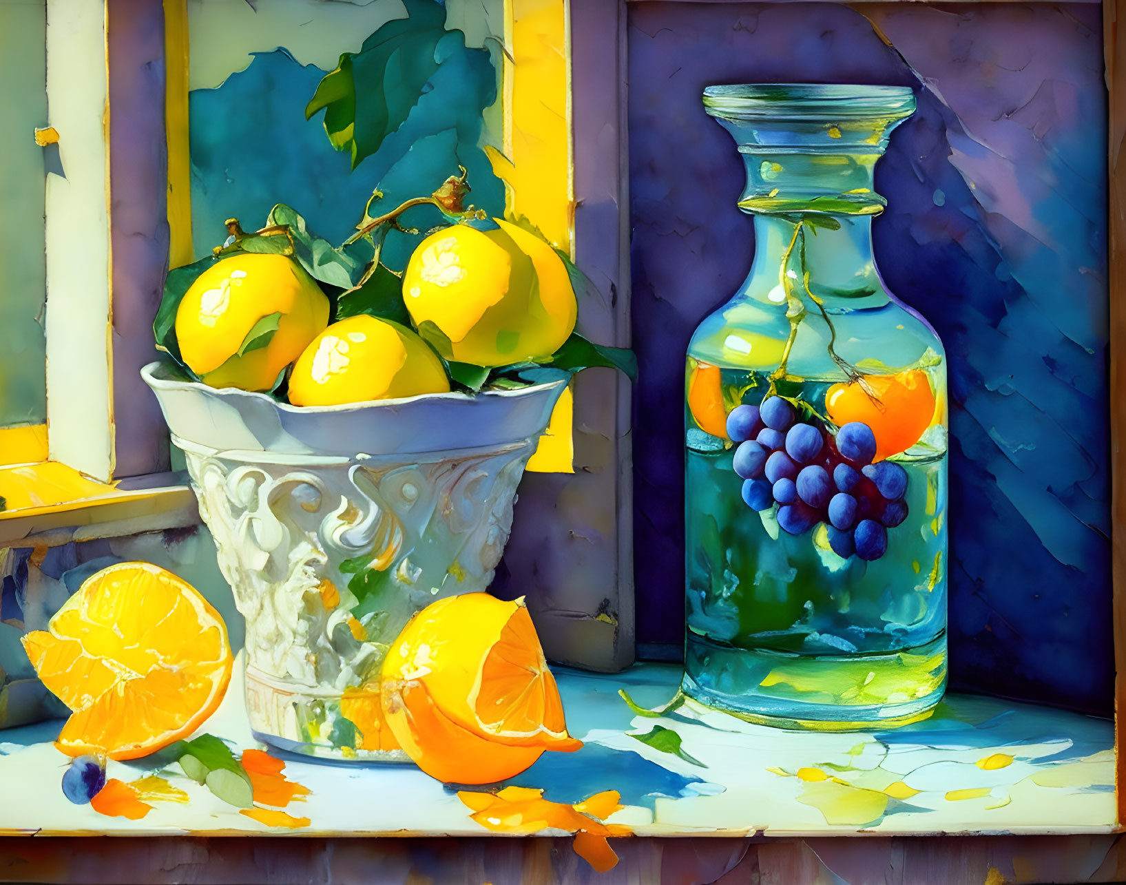 Colorful still life painting with lemons, oranges, grapes, and peach in sunlight