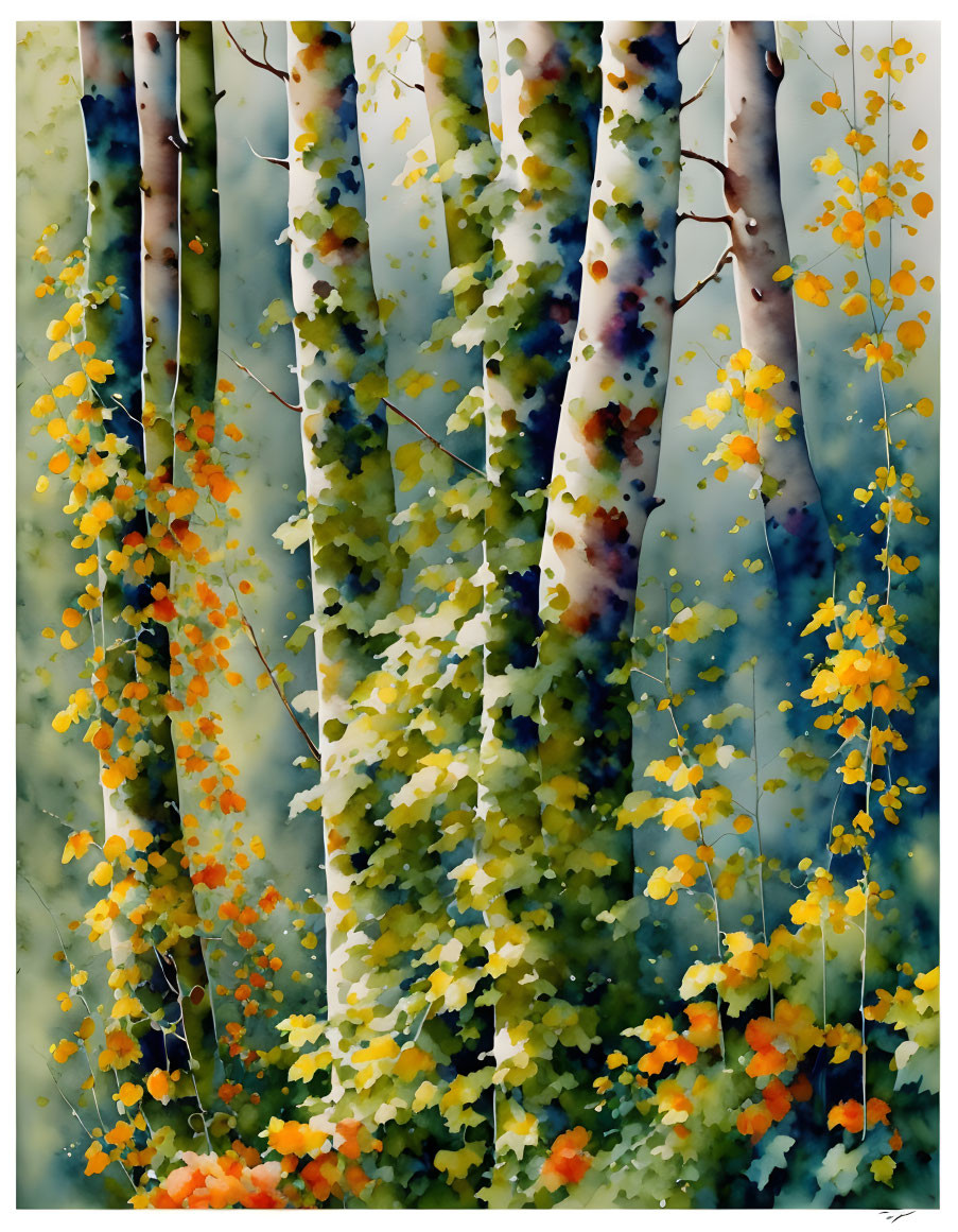 Birch Forest Painting with Yellow, Orange, and Green Leaves