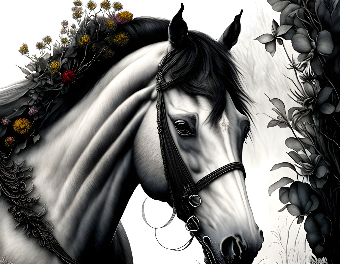 Monochromatic illustration of majestic horse with detailed bridle and floral elements