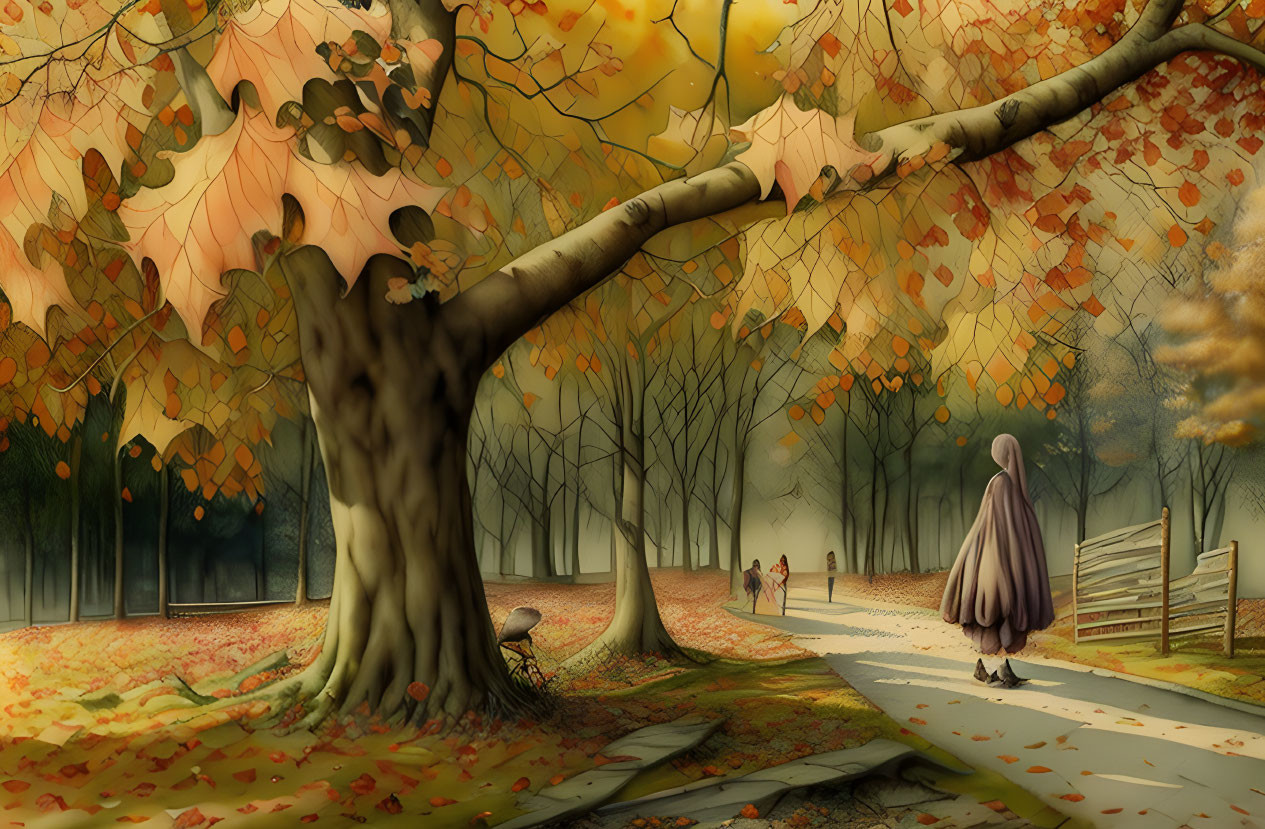 Person in cloak walking in park with autumn leaves and golden foliage.